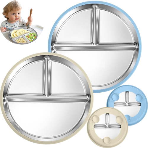 Gofinoday Stainless Steel Baby Plates with Suction | 9” Divided Toddler Dish, 2-in-1 Anti-Slip Silicone Sleeves | Microwave & Dishwasher Safe