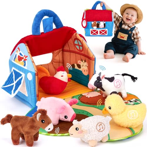 hahaland Baby Toys 6-12 Months - Surprise Barn with Stuffed Farm Animals with Real Sounds & Word Repeats, Mirror- Montessori Toys for 6 Month Old Baby 1 Year Old Boy Girl Gifts Toddlers Sensory Toy