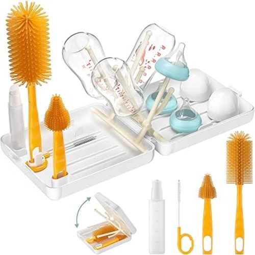 Portable Baby Bottle Brush Set - 6-in-1 Bottle Cleaning Kit with Nipple, Straw, & Bottle Brush, Soap Dispenser, Foldable Drying Rack, and Organizer Case for Home & Baby Travel Essential (White)