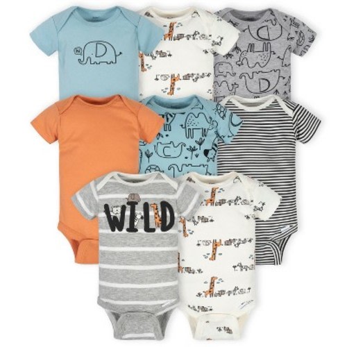 Gerber Baby Boys' Short Sleeve Onesies Bodysuits - Jungle - Newborn - 8-Pack