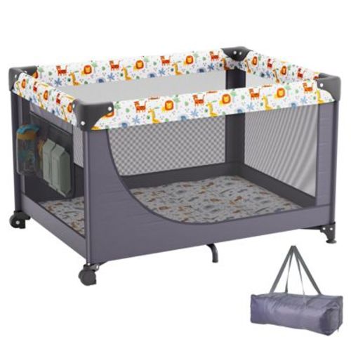 Baby Playpen Travel Crib with Wheels, Foldable Portable Play Yard for Toddlers 0–36 Months