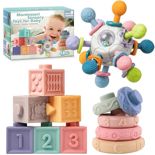 SpringFlower 3 in 1 Montessori Toys for Babies 0-3-6-12 Months, Rattle Teether & Baby Blocks & Soft Stacking Rings, Sensory Developmental Education Toys,Gift for Toddler Baby 0-3-6-12-18 Months