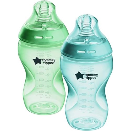 Tommee Tippee Natural Start Baby Bottle, 11oz, Thicker Feed, Breast-Like Nipple for Babies 6 Months+, Fiesta Colorful Bottles, Green and Teal, 2 Count