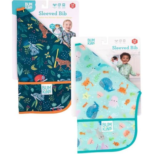 Bumkins - Sleeved Bib - For Boys & Girls, Babies & Toddlers 6-24 Months - Lightweight, Durable, Waterproof - Long Sleeve Bib - Catch-All Pocket - Wipeable & Machine Washable - Jungle & Ocean - 2 Pack