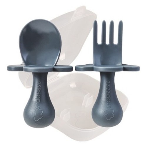 Grabease Toddler Spoon and Fork for First Stage Self Feeding for Babies from 6+ to 12 months and older, 1 Set, Gray