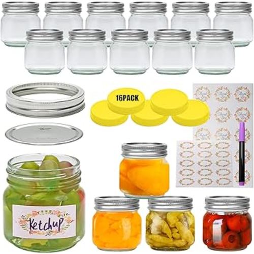 Accguan Mason Jar Set of 16, 8 OZ Glass Jar with Yellow Plastic Lid and Stainless Steel Split Lid, Honey, Wedding Favors, Shower Favors, Food Storage