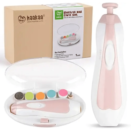 haakaa Baby Nail Trimmer Electric Safe Baby Nail Clippers Baby Nail File Kit Manicure Set, Trim Polish Grooming kit for Newborn Toddler or Adults Toes Fingernails, 6 Grinding Heads and LED Light, Pink - 6 nail trimmer pads