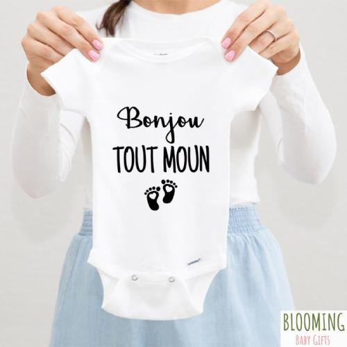 Haitian Creole Pregnancy Announcement Baby Bodysuit, "Bonjou Tout Moun" (Hello Everyone) Coming Home Outfit, Haiti Baby Reveal Gift, 0-3M