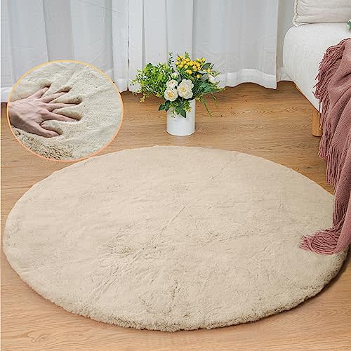ORINOVA Light Brown Beige Plush Shag Faux Rabbit Washable Fuzzy Fur Rugs for Living Room Bedroom Kids Circle Small Nursery Area Rug Round Rug 3ft