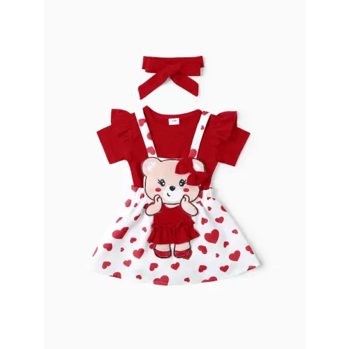 Baby Girl 3pcs Bear Style Romper and Embroidered Overall Dress with Headband Set Only $22.99 PatPat US Mobile