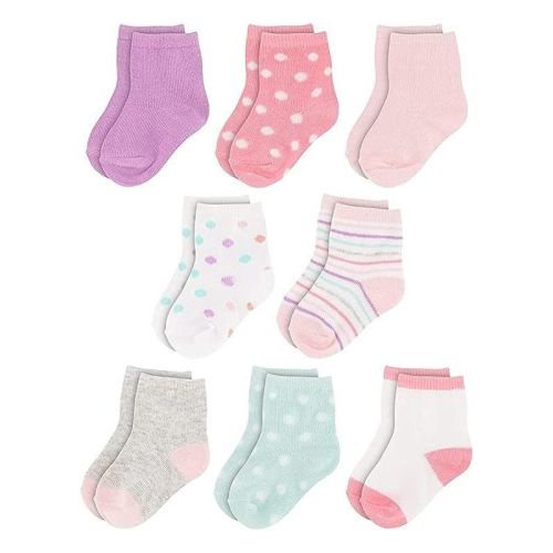 Rising Star Infant Socks for Baby Girls, Crew Ankle Cotton Infant Socks 6-12 months- 8 pack (Pink/Purple)