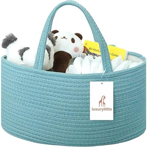 Baby Diaper Caddy Organizer, Large Cotton Rope Nursery Diaper Basket, Changing Table Organizer, Portable Tote Bag with Divider, Car Storage, Baby Shower Gifts for Newborn Girls - Lake Blue