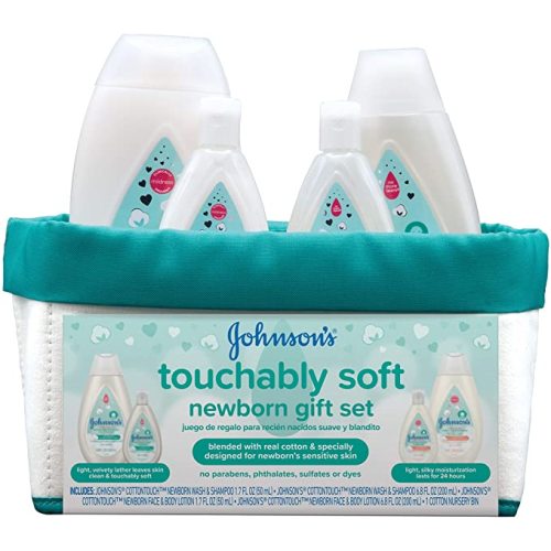 Johnson's Touchably Soft Newborn Baby Gift Set for New Parents, Baby Bath & Skincare Essentials for Newborn Skin, Hypoallergenic, Free of Paraben, Sulfates, and Dyes, 5 Items - Newborn Gift Set