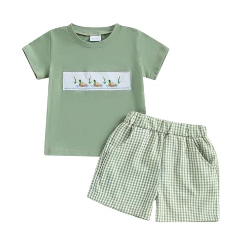 MERSARIPHY Toddler Boy Summer Clothes Duck Dinosaur Animal Embroidery Short Sleeve T Shirt Plaid Shorts Set Casual Outfits