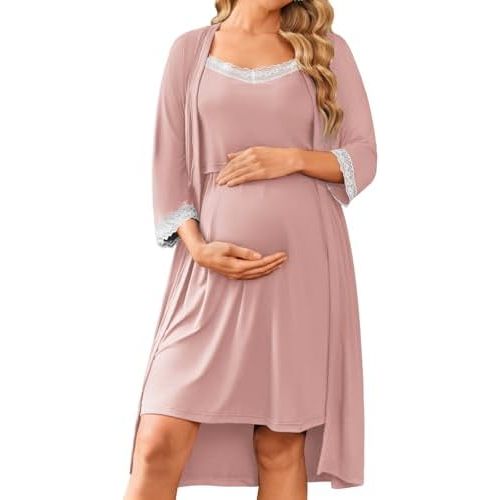 Ekouaer Women Lace Maternity Nursing Gown and 3/4 Sleeve Robe Set Double Layer Breastfeeding Nightgown Slip Dress & Bathrobe