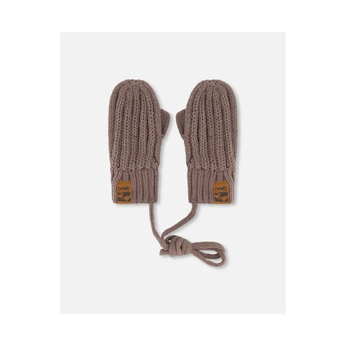 Baby Boy's Baby Knit Mittens With String Taupe