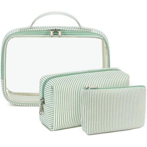 Bluboon 3Pcs Makeup Toiletry Bag for Women, Clear Packing Cubes Cosmetic Bag for Travel Women With Zipper Travel Essentials (Green White Stripes)