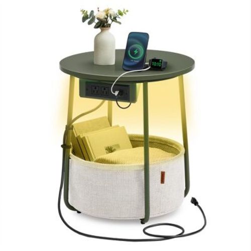 VASAGLE Side Table with Charging Station, Round End Table With Fabric Storage Box, for Living Room, Bedroom, Nightstand with Power Outlets USB Ports