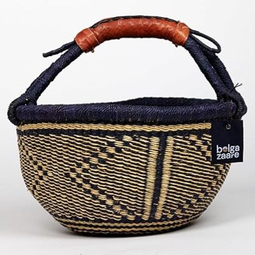 Market Basket, Handmade in Ghana by Women Artisans, Natural + Midnight Color, LARGE, 16"-18" Diameter x 9"-10" H, RED HANDLE (1 basket)