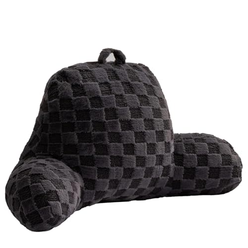 Aimuan Reading Pillow Checkered Bed Rest Wedge Backrest Checkerboard Pillow with Arms Back Support for Sitting Up in Bed Cushion Incline Rest Sleeping Snoring Pillow (Dark Grey,Large)