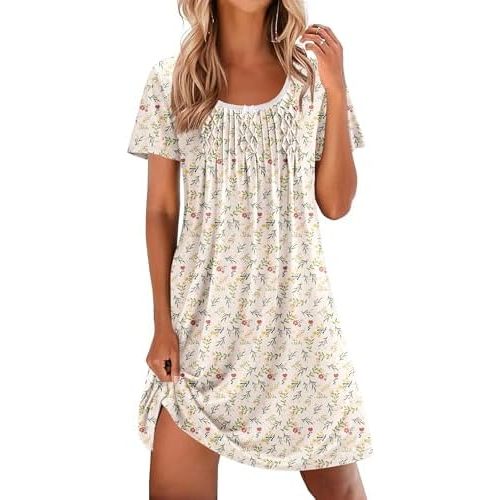Ekouaer Nightgowns for Women Pleated Sleep Shirts Short Sleeve Night Shirts Lace Trim Night Gown Ladies Sleep Dress