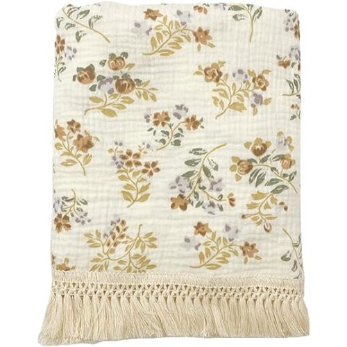 INSULAR Cotton Muslin Baby Blanket with Tassel, Boho Bohemian Muslin Swaddle Blanket Baby Receiving Blanket with Fringe, Nursery Decor Throw or Nursing Blankets, 47" x40”, Flower