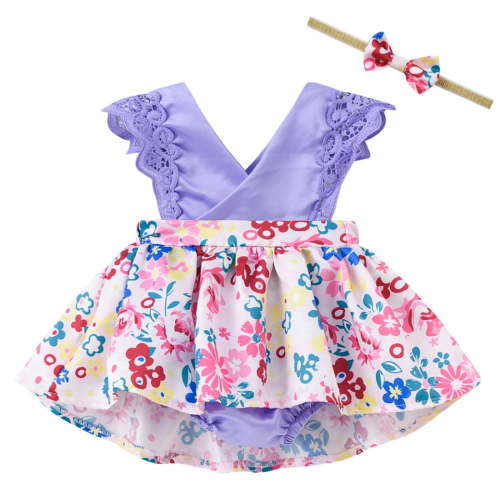 Edvintorg 0-3T Newborn Baby Girl Clothes Set Summer Clearance Toddler Baby Girl Ruffled Flower Printed Romper and Headband Set Fashion Baby Outfits