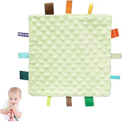 HECCEI Green Baby Security Blanket with Colorful Satin Tags, Infant Appease Blankets Toy, Taggies Blanktes - 10 x 10 inches Square Blanket for 3+ Months Babies Boys/Girls