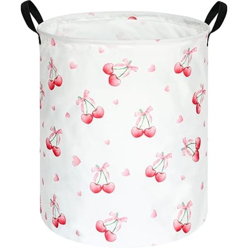 Cherry Print Round Laundry Hamper Storage Basket Bins Clothes Nursery Hamper for Home, Gift Storage Bins with Handles
