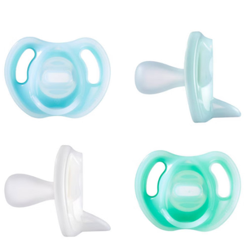 Tommee Tippee Ultra-Light Silicone Pacifier, 0-6 Months, Symmetrical One-Piece Design, BPA-Free Silicone Binkies, Blue/Green/Clear, Pack of 4