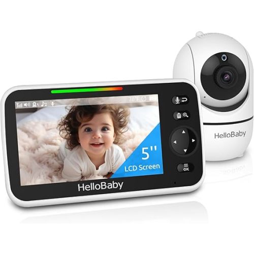 HelloBaby Upgrade 5’’ Baby Monitor with 30-Hour Battery, 2 Cameras Pan-Tilt-Zoom, 1000ft Range Video Audio Baby Monitor No WiFi, VOX, Night Vision, 2-Way Talk, 8 Lullabies and Temperature, HB6550-2