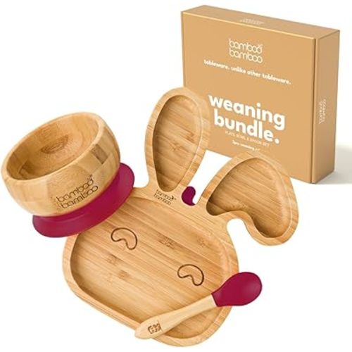 Bamboo Baby Bowl and Plate with Suction - Kids and Toddler Suction Cup Plate for Babies, Non-toxic All-Natural Bamboo Baby Food Plate Stays Cool to the Touch for Baby-Led Weaning (Bundle Cherry)