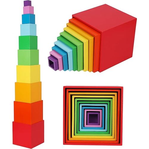 TOWO Wooden Stacking Boxes Rainbow Colours-Nesting and Sorting Cups Blocks for Toddlers-Stacking Cubes Educational Learning Toys for 2 Years Old Montessori Materials