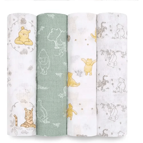 aden + anais Essentials Disney Muslin Swaddle Blankets for Baby Girls and Boys, Newborn Receiving Blanket for Swaddling, 100% Cotton Baby Swaddle Wrap, 4 Pack, Winnie + Friends
