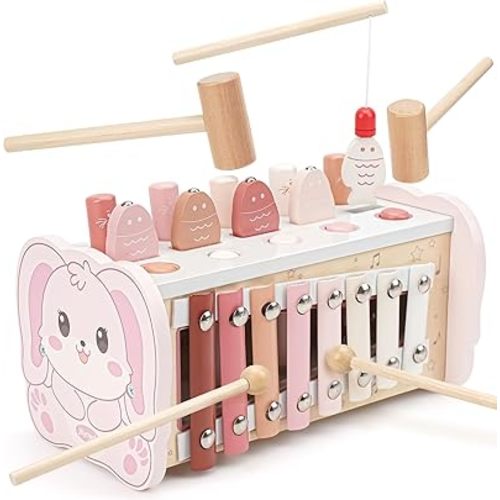 Joyreal Montessori Toys for 1 Year Old Girl Gift - Pink Wooden Hammering Pounding Toy with Xylophone & Fishing Game - Toddler Learning Activities for Kids 1+ 2 3 Year Old Christmas Birthday Gifts