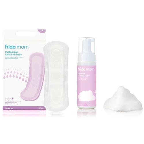 Frida Mom Postpartum Leak Proof Pads (18ct) + Frida Mom Witch Hazel Perineal Healing Foam for Postpartum Care, Cooling Pain Relief and Hemorrhoid Treatment, 5 Fl Oz