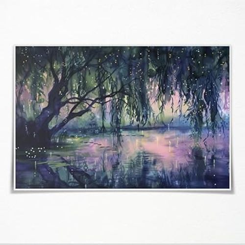 Retro Dark Academia Aesthetic Room Decor Mystical Willow Twilight Landscape Painting Vintage Nature Wall Art Poster Firefly Print for Living Room Bedroom Study Wall Decor Unframed30x20inch