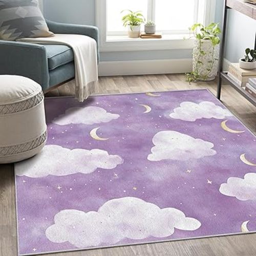 Purple Cloud Rug 5x7,Moon Star Area Rug Washable,Kids Girls Rugs for Living Room, Bedroom,Cloud Pattern Carpet Home Decor, Non Slip