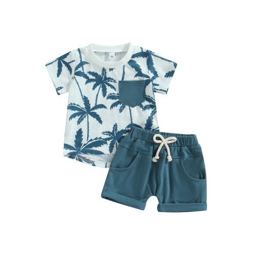 Qiylii Infant Baby Boy Summer Clothes Set 0 6 12 18 24 Months 2T 3T Beach Style Tree Print Short Sleeve Crew Neck T-Shirts and Elastic Waist Shorts 2Pcs Outfits