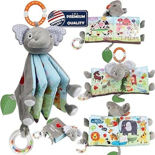 Baby Books 0-6 Months,Infant Toys, Elephant Soft Cloth Crinkle Books Touch Feel for Babies,Toddlers, Baby Toys 3-6 Months 6 to 12 Months 1-3 Years Baby Gifts Boys Girl,Bunny Stuffed Plush Toy,Teether