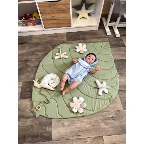 Leaf Baby Play Mat | Natural Cotton Tummy Time Mat | Montessori Sensory Toy with Snail Rattle | Woodland Nursery | Baby Shower Gift