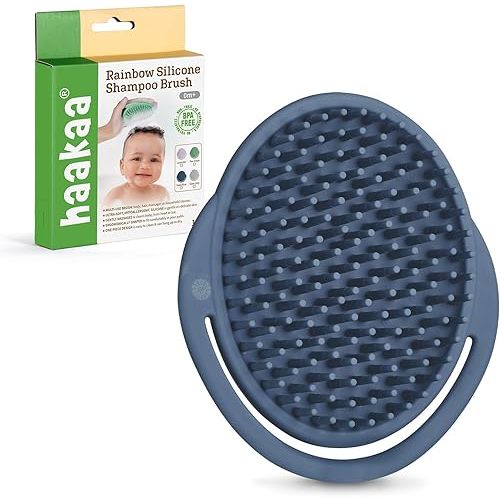 Haakaa Silicone Shampoo Brush - Cradle Cap Brush Comb - Baby Hair Scrubber - Scalp Massager for Newborns & Toddlers - 1pk-Steel Blue