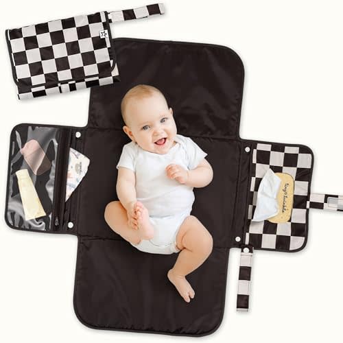Tiny Twinkle Portable Diaper Changing Pad | Waterproof, Wipeable & Compact Baby Changing Pad for Travel | Smart Wipes Pocket & Organized Storage| Newborn Shower Gift (Black Checkers)