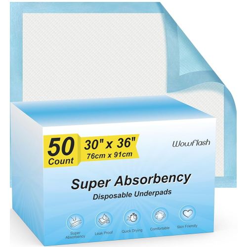 50 Count 30” x 36” Super Absorbency Disposable Underpads, Leakproof Quick Drying, Baby Puppy & Adults Bed Pads Disposable Adults, Dog Pee Pads Extra Large, XXL Incontinence Pads