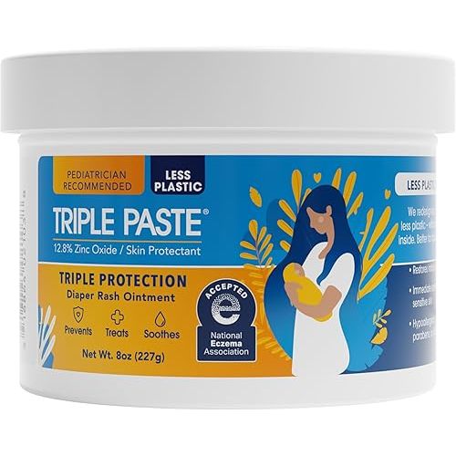 Triple Paste Diaper Rash Cream for Baby - 8 Oz Tub – Zinc Oxide Ointment Treats, Soothes & Prevents Diaper Rash, Pediatrician-Recommended Hypoallergenic Formula, Baby Essentials for Daily & Overnight