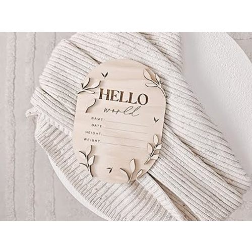 Hello World Birth Announcement Sign for Newborn, Birth Stats Sign, Hello World Baby Name Wooden Sign, Wooden Birth Announcement Plaque "Hello World" Matte White Acrylic (09)