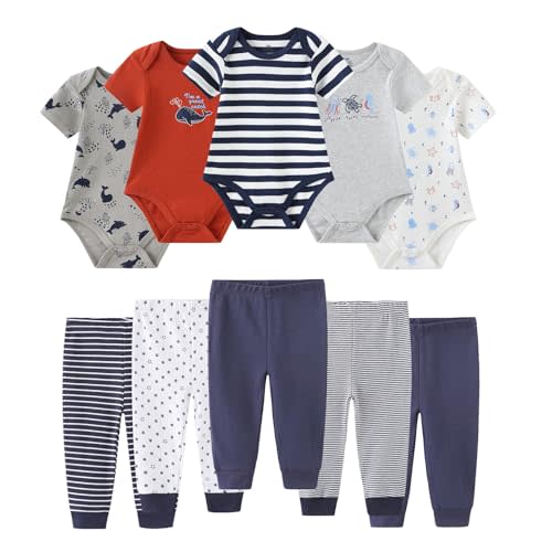 Ruliby Baby Bodysuit and Pant Set 10-pcs Cotton Soft Newborn Boy Girl Clothes Outfits