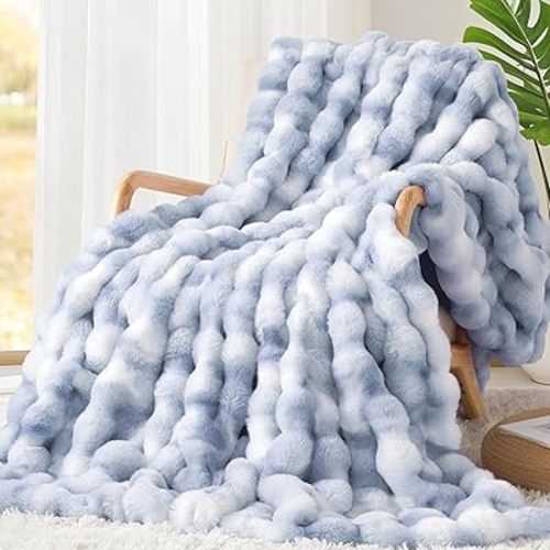 Luxury 1000GSM Faux Rabbit Fur Throw Blanket, Super Heavy Warm Cozy Grey Blankets for Couch Bed Sofa, Ruched Plush Fuzzy Elegant Soft Reversible Mink Blanket for Living Room Bedroom, Blue