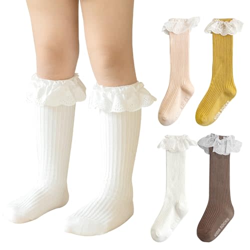 HOUSEYUAN Infant Frilly Baby Girls Knee High Socks Newborn Thigh Lace Ruffle Long Socks Toddler Tights Stockings 6-12 Months