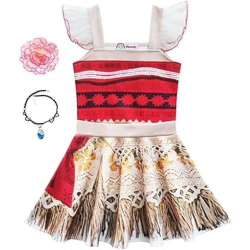 Little Girls Princess Dress for Moana Costume Outfit For Halloween With Necklace and Hair Clip